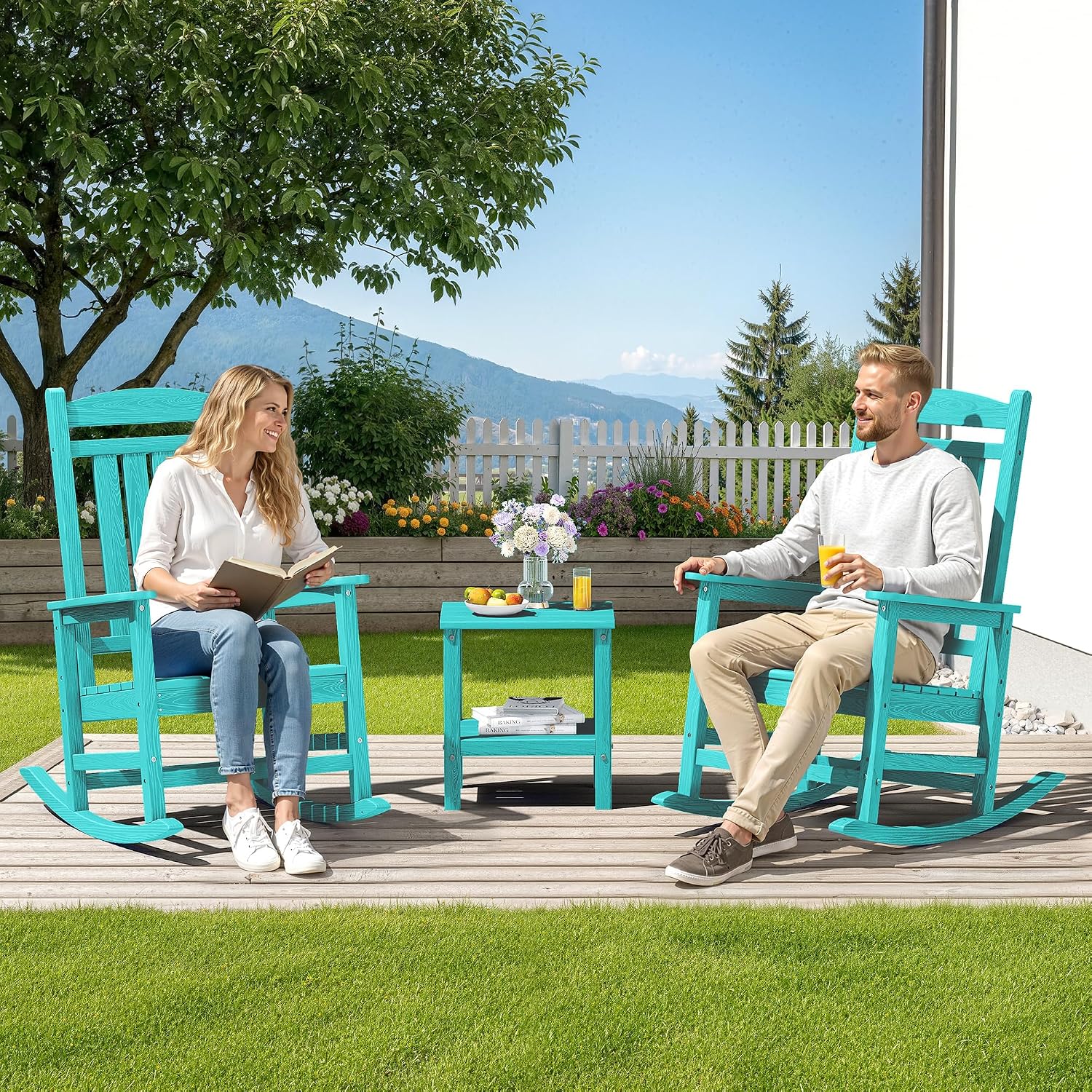 SERWALL Oversized HDPE Outdoor Rocking Chair Set of 2, Patio Rocking Chairs, All-Weather Porch Rockers for Adults, Aruba Blue