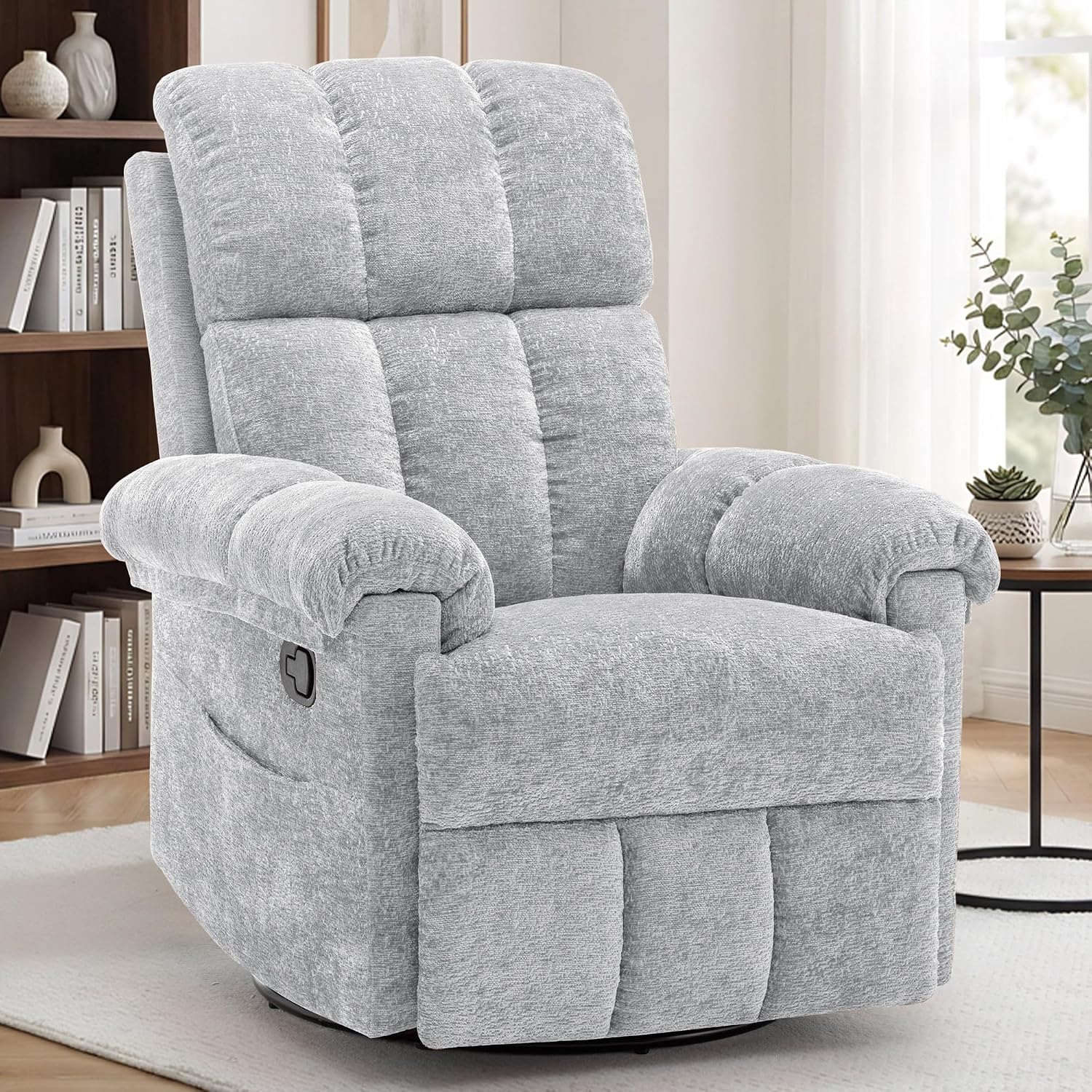 Korser Recliner Chair, Swivel Rocker Recliner Chair for Adults, Small Recliners for Small Spaces, Manual Recliner Chair with Side Pockets, Nursery Rocking Chair for Living Room, Chenille, Silver Grey