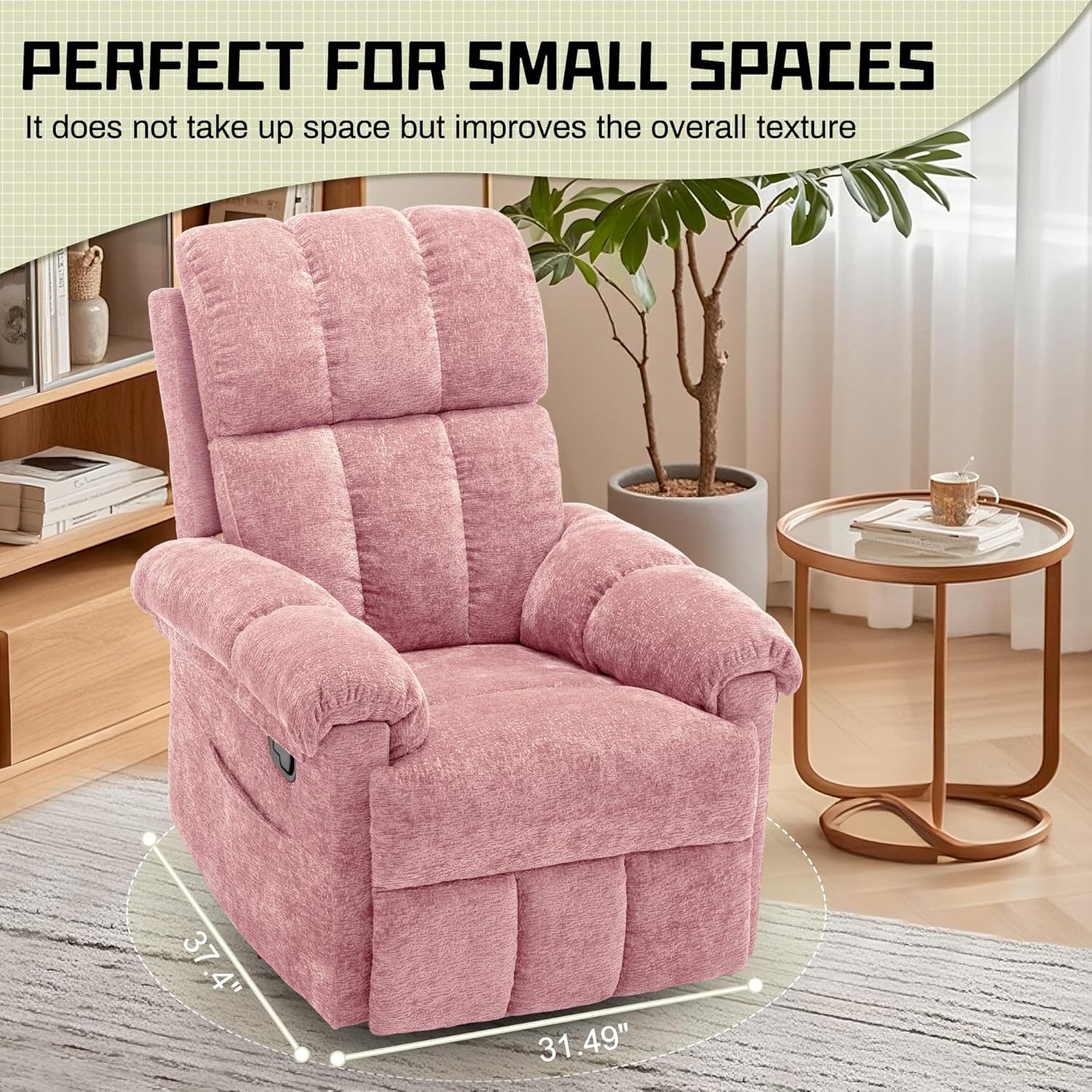 Korser Recliner Chair, Swivel Rocker Recliner Chair for Adults, Small Recliners for Small Spaces, Manual Recliner Chair with Side Pockets, Nursery Rocking Chair for Living Room, Chenille, Rose Pink