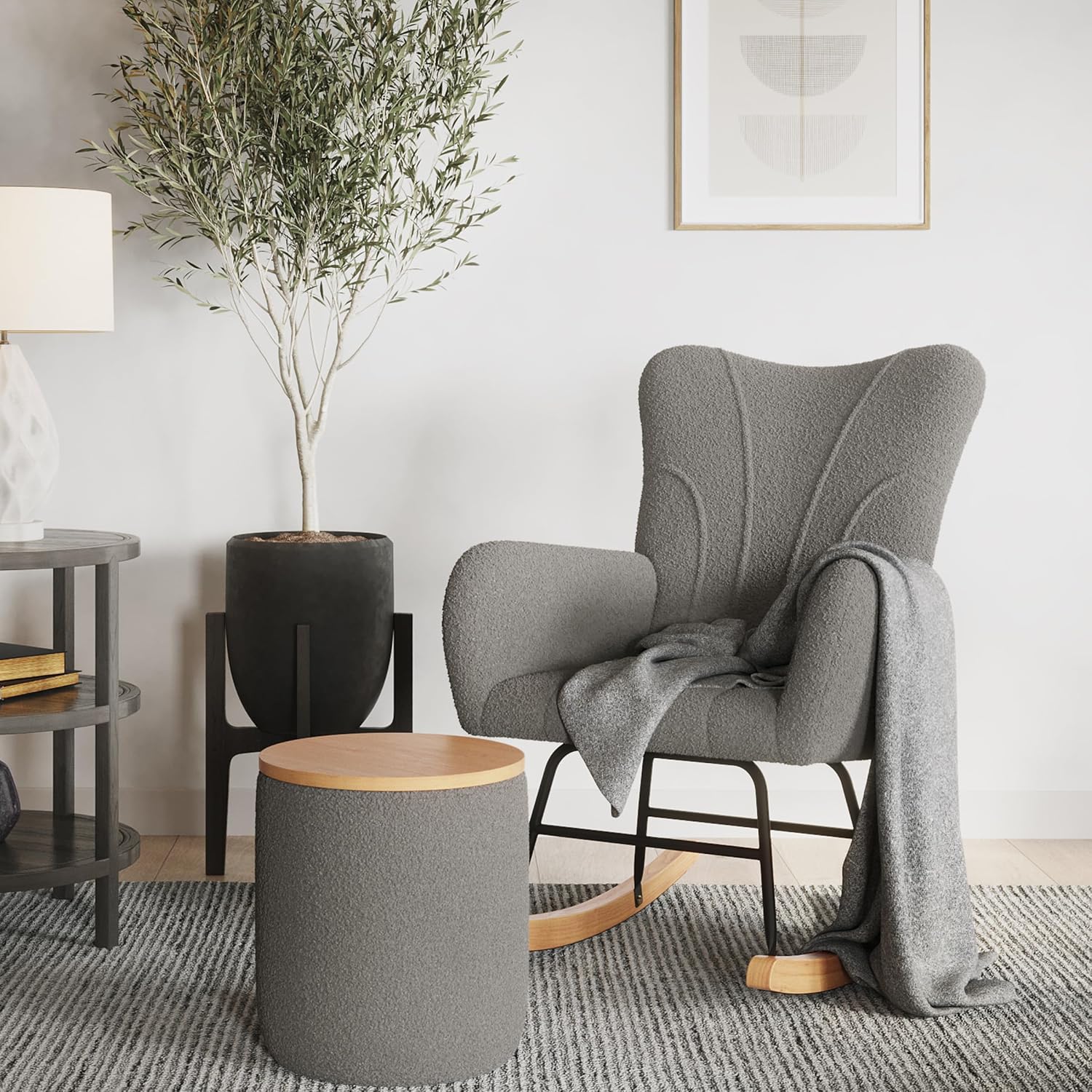 Rocking Chair - Teddy Fabric Upholstered Chair with Padded Seat and Contoured Armrests - Ergonomic Modern Rocker for Bedroom by Lavish Home (Gray)