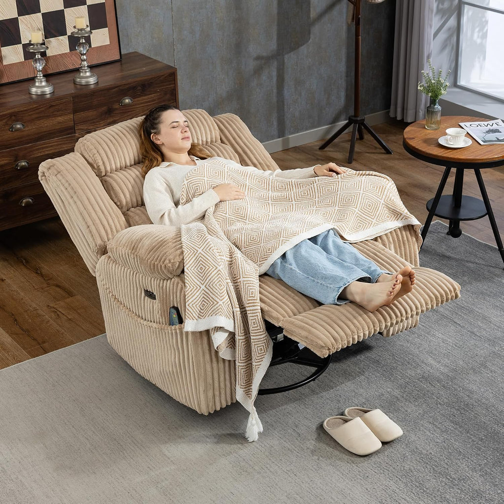 SINCRUMI Power Swivel Rocker Recliner Chair for Adults with Vibration and Heat, USB and Type-C Charging Port, Infinite Position, Electric Glider Rocking Chairs for Living Room, Nursery, Light Camel