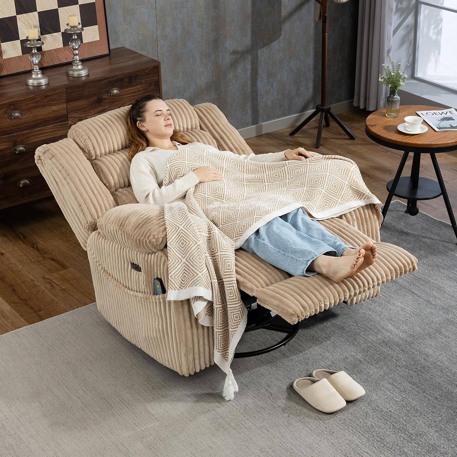 SINCRUMI Power Swivel Rocker Recliner Chair for Adults with Vibration and Heat, USB and Type-C Charging Port, Infinite Position, Electric Glider Rocking Chairs for Living Room, Nursery, Light Camel