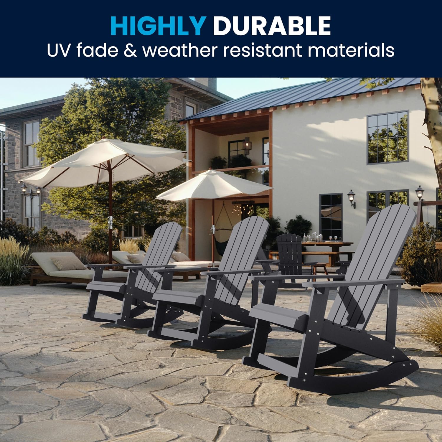 Flash Furniture Savannah All Weather Adirondack Rocking Chairs, Polyresin Wood Adirondack Chair with 350-lb. Static Weight Capacity, Set of 2, Gray