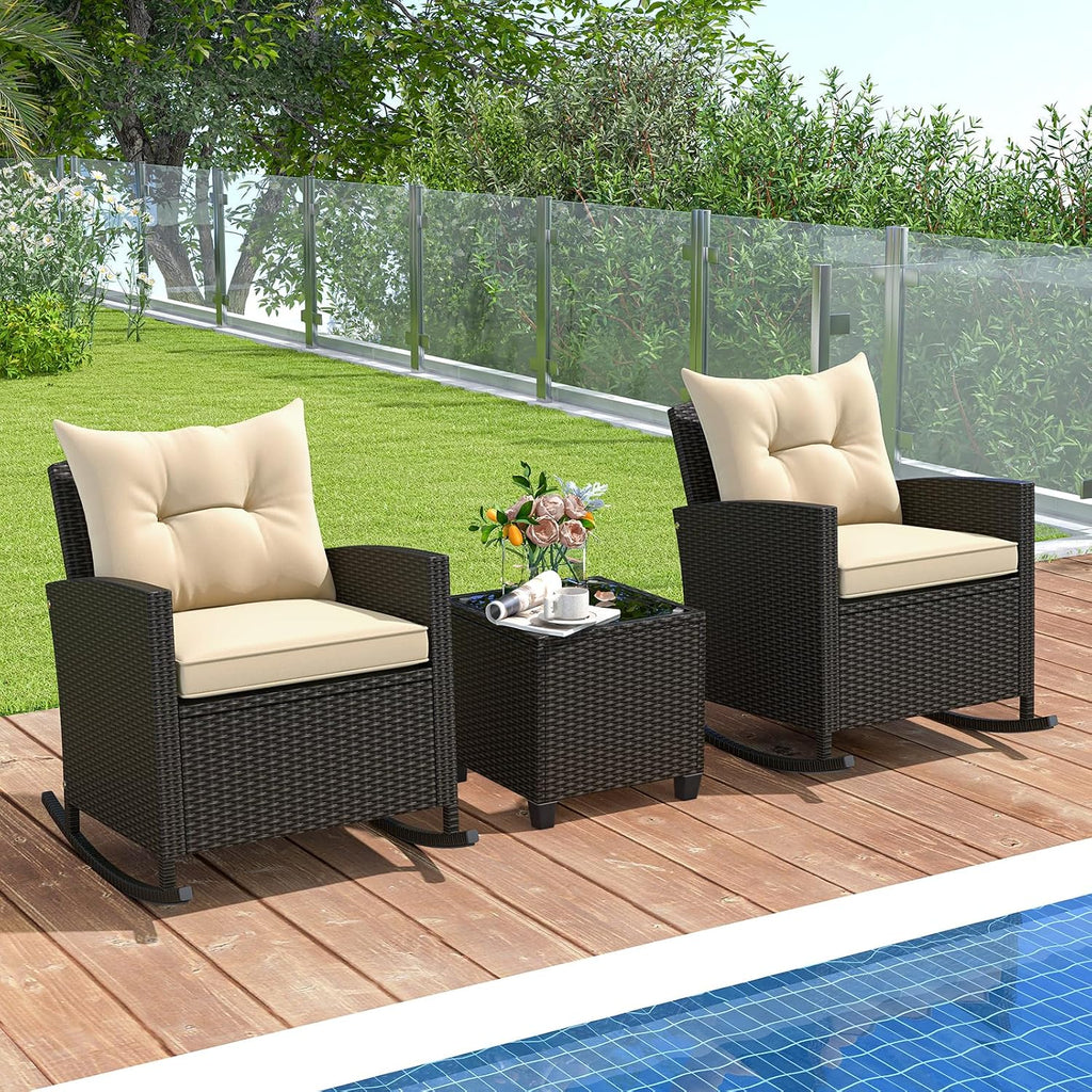 Tangkula 3 Piece Wicker Rocking Set, Patio Rattan Roker Chairs with Tempered Glass Table & Soft Cushions, Outdoor Furniture Set for Backyard, Poolside Porch (Beige)