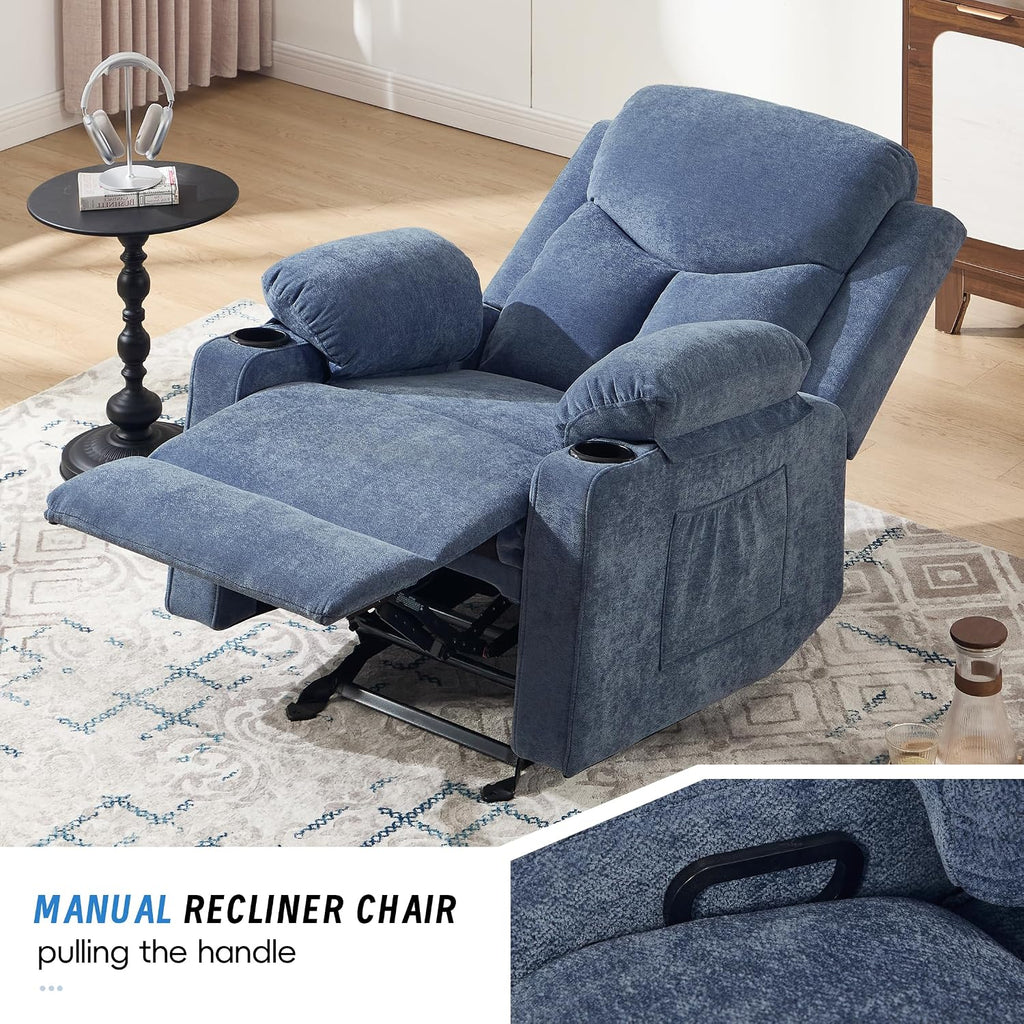 Manual Rocker Recliner Chair for Adults with Vibration Massage,Glider Rocking Recliner Chairs for Living Room Bedroom Overstuffed Reclining Sofa Chair with Pockets and Cup Holds (Navy Blue)
