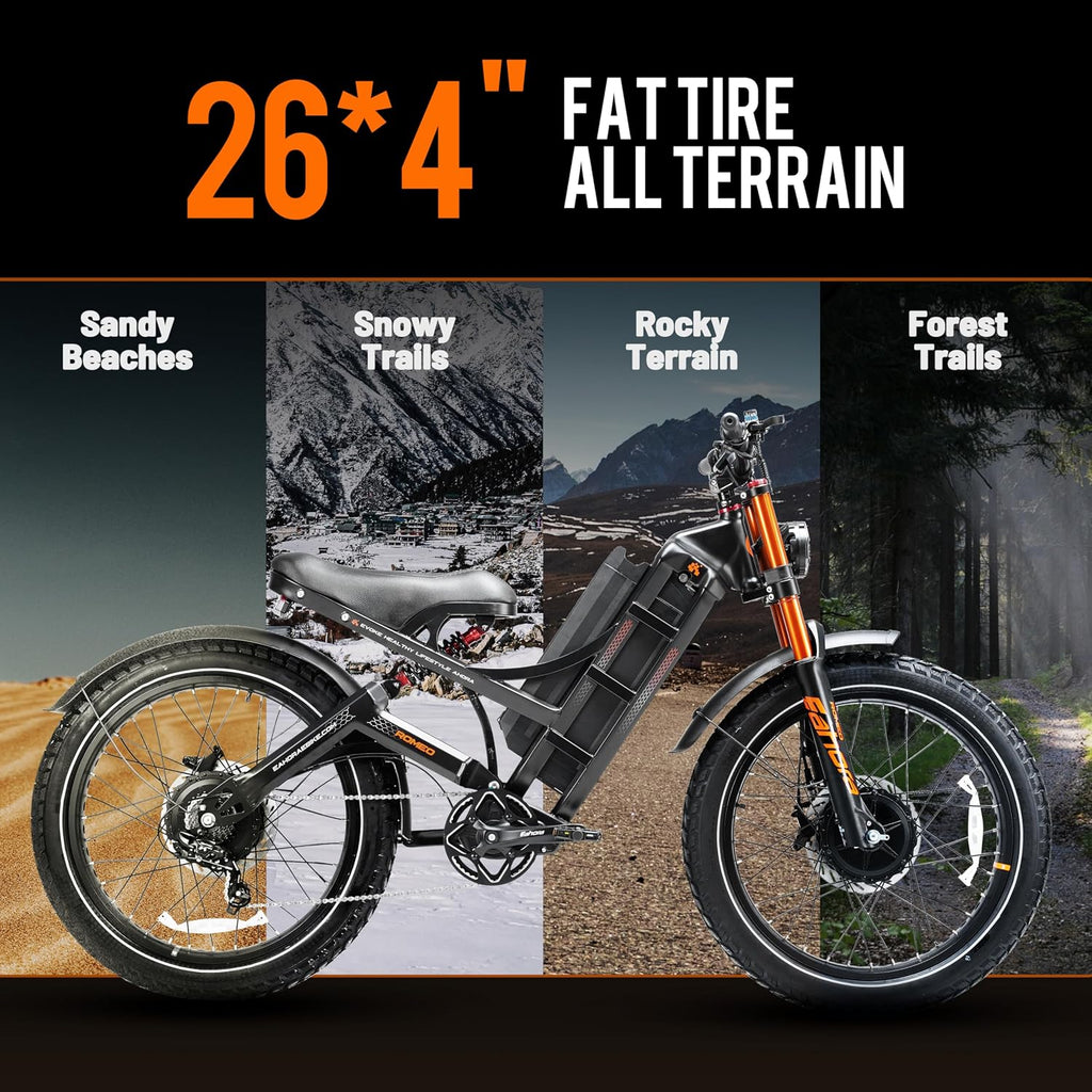 2026 eAhora Romeo Pro 3/2 50-46 Mph Electric Bike for Adults, 5600W/4000W/2500W Dual Motor Ebike 60V 80Ah/52V 70Ah Battery 200 Miles Long Range, 26*4.0'/20*4.5' Fat Tire, Full Suspension, All Terrain