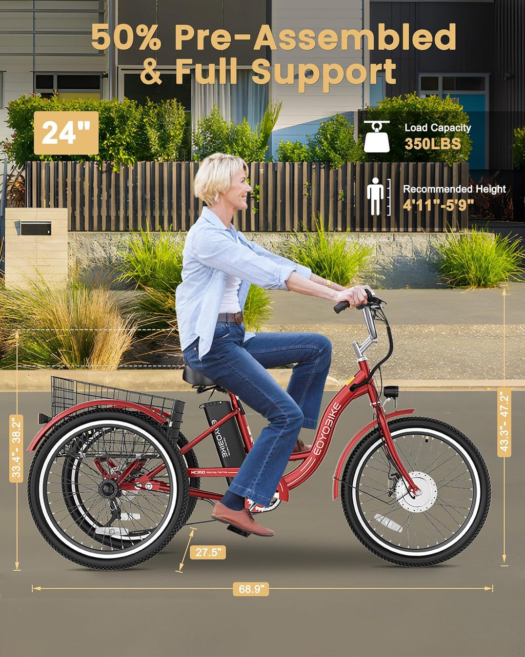 MOONCOOL Electric Tricycle for Adults, 350W 36V Removable Battery, 7 Speeds 3 Wheels Electric Trikes with Large Basket Up to 60Miles