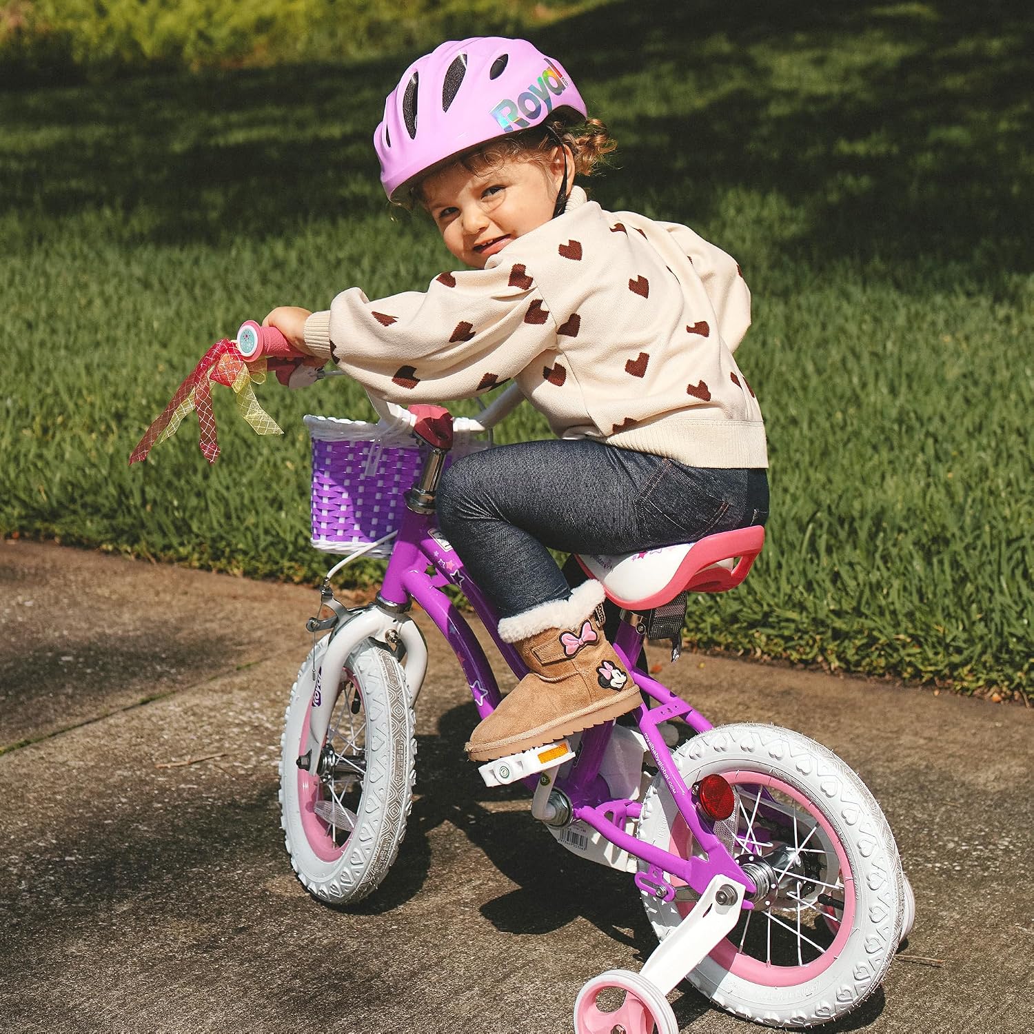 RoyalBaby Stargirl 12 Inch Kids Outdoor Bicycle with Accessory Basket, Bell, Thick Wheels, and Safety Training Wheels for Ages 2-4, Purple