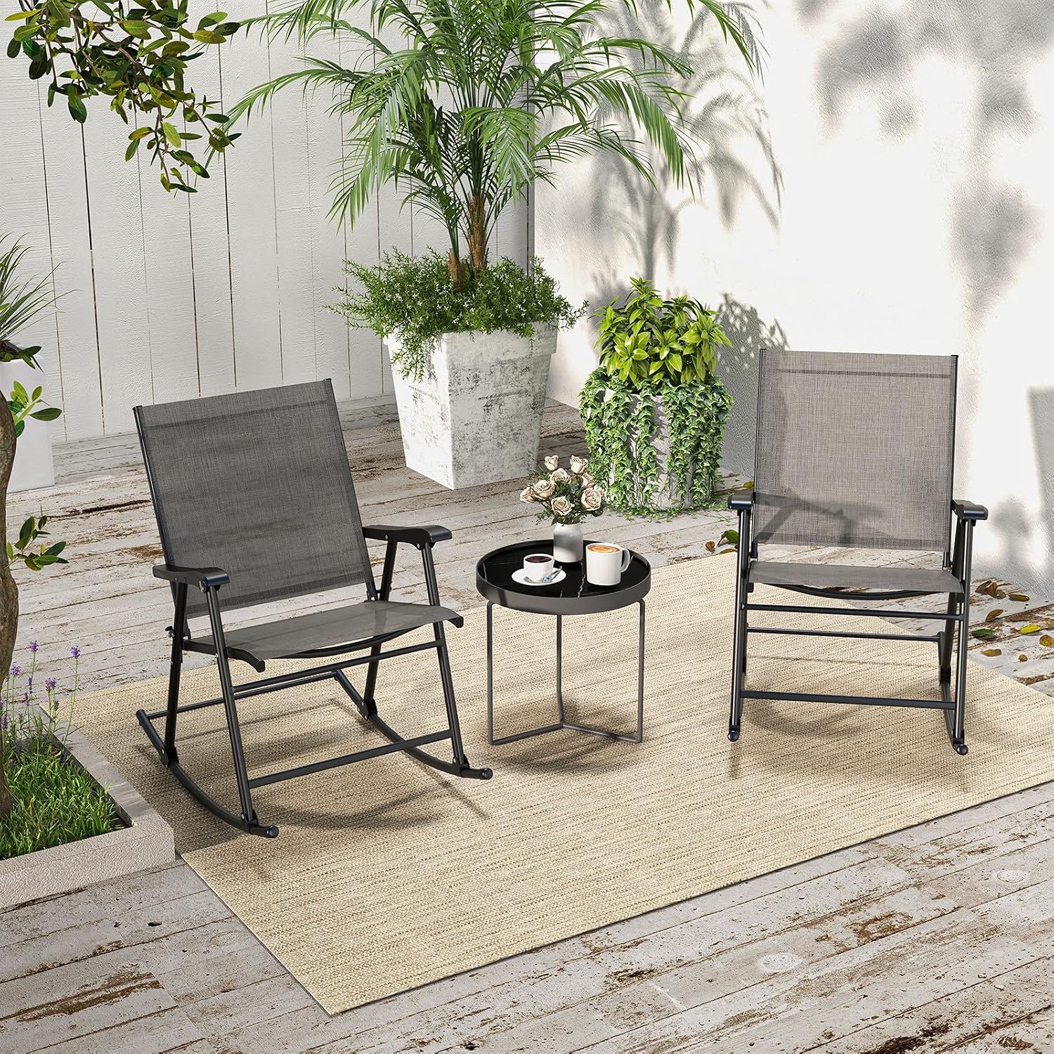 Giantex Folding Rocking Chairs Set of 2 - High Back Patio Rocking Chairs w/Armrests and Footrests, Breathable Back Rest, Portable Porch Rockers for Camping, Garden, Yard, Lawn, Max Load 330 LBS