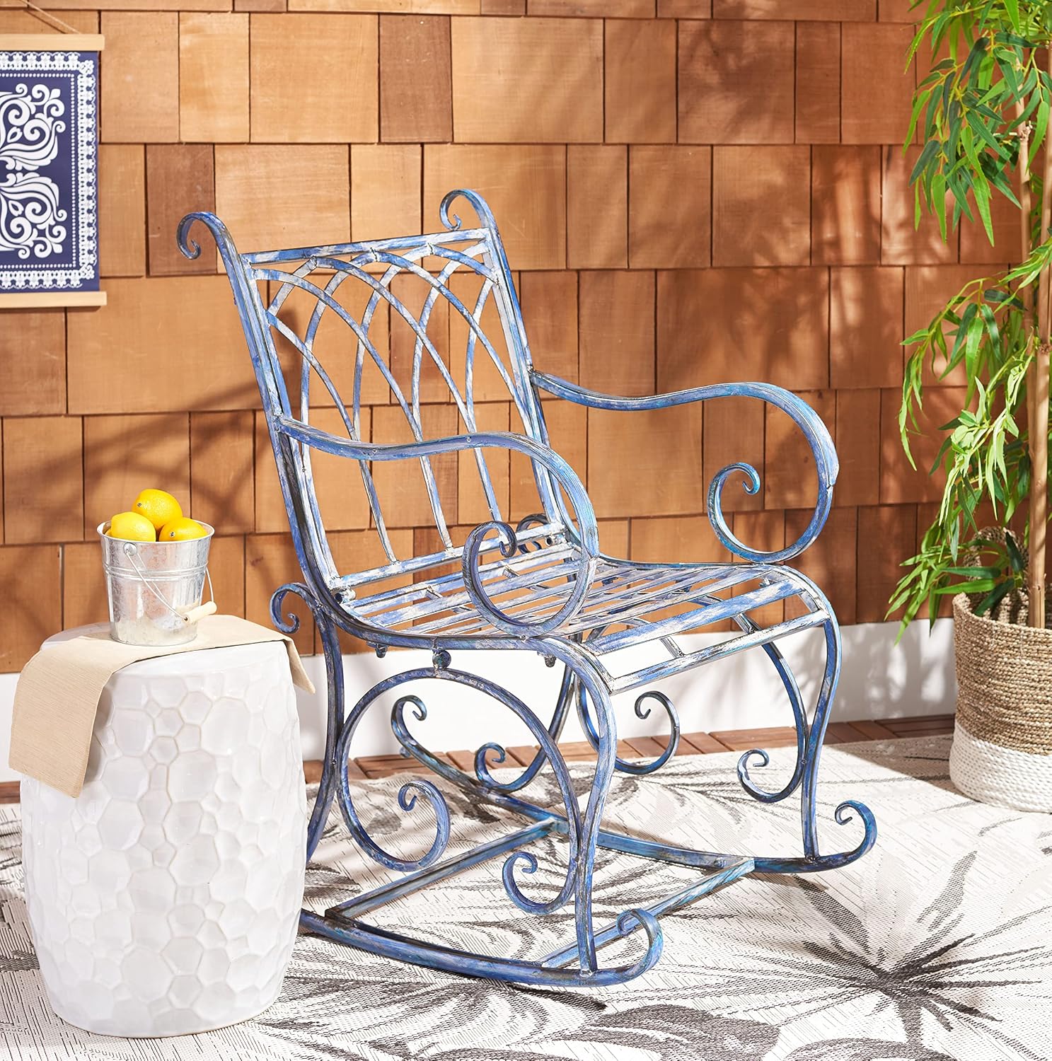 SAFAVIEH Outdoor - Medrano Iron Rocking Chair - Mossy Blue Iron Metal - Vintage Ornate Scrollwork Design - Ideal for Patio, Deck, Porch, Garden, 15' Seat Height (PAT5030C)
