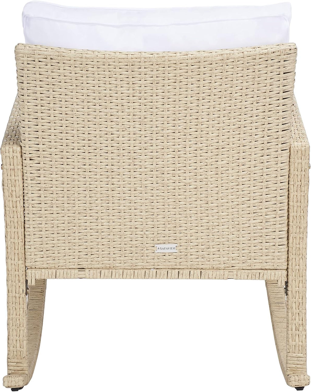 SAFAVIEH Outdoor - Daire Rocking Chair - Beige & White - Steel Frame & Faux Rattan with Cushion - Open-Frame Design - Ideal for Patio, Deck, Porch, Backyard, 14.4' Seat Height (PAT7721B)