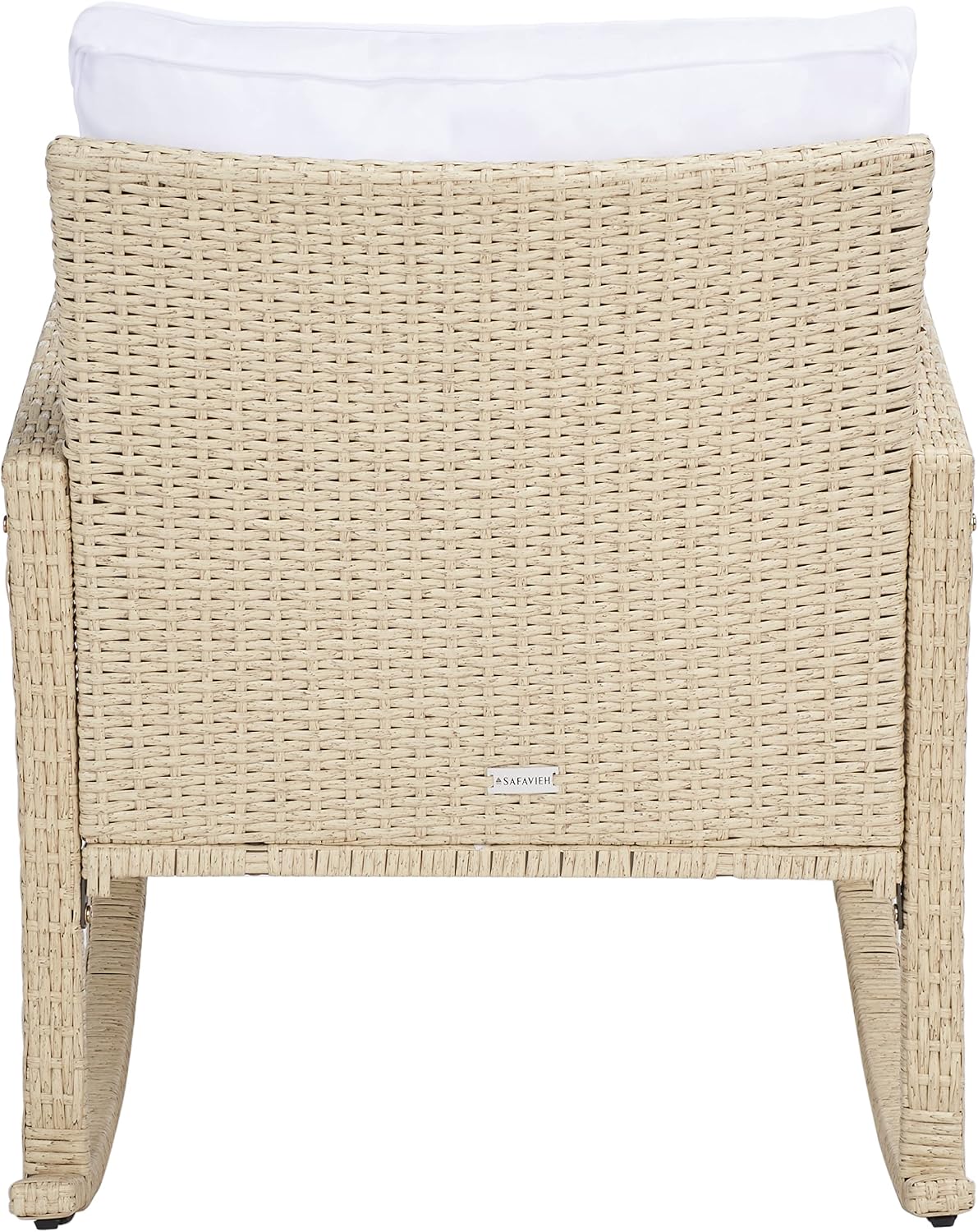 SAFAVIEH Outdoor - Daire Rocking Chair - Beige & White - Steel Frame & Faux Rattan with Cushion - Open-Frame Design - Ideal for Patio, Deck, Porch, Backyard, 14.4' Seat Height (PAT7721B)