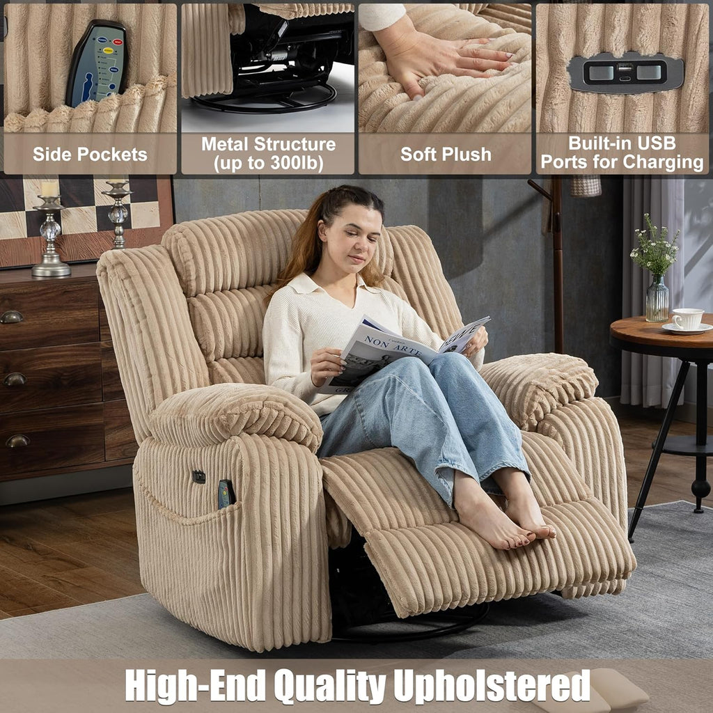 SINCRUMI Power Swivel Rocker Recliner Chair for Adults with Vibration and Heat, USB and Type-C Charging Port, Infinite Position, Electric Glider Rocking Chairs for Living Room, Nursery, Light Camel