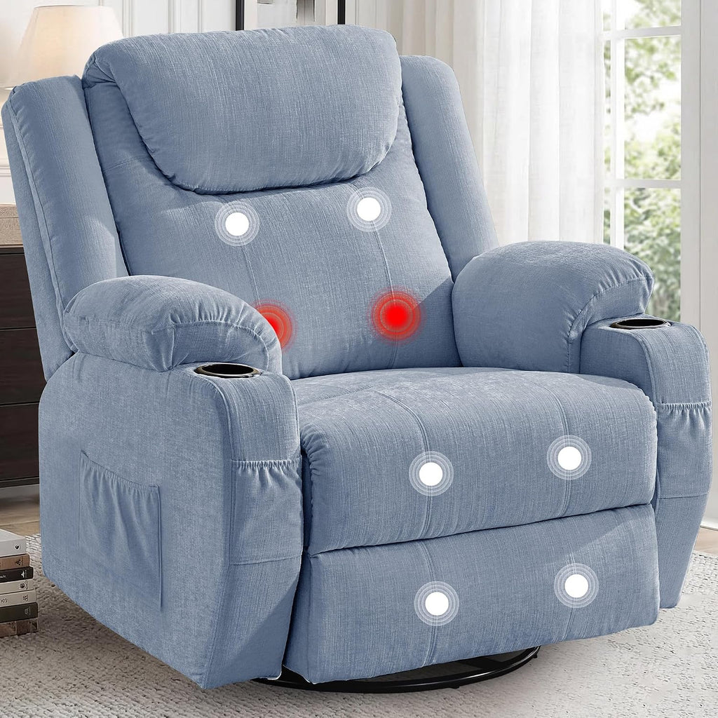 Korser Oversized Recliner Chair, 360° Swivel Recliner for Adults, Swivel Rocker Recliner Chair with Heat and Massage, Manual Recliner with Remote Control and Cup Holders for Living Room, Chenille