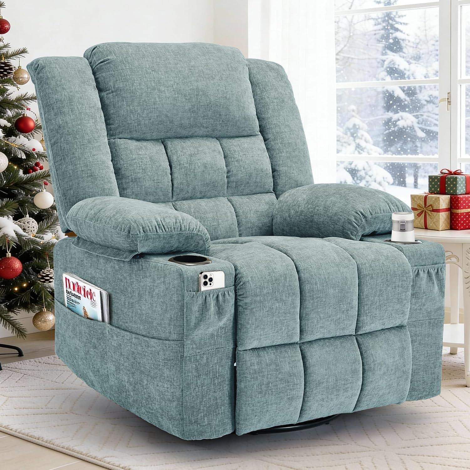 Korser Adult 360° Swivel Rocking Recliner, Nursery Rocking Chair with Massage and Heating Function, Cup Holder, Manually Adjustable Seat for Living Room and Bedroom (Fabric, Lake Blue)
