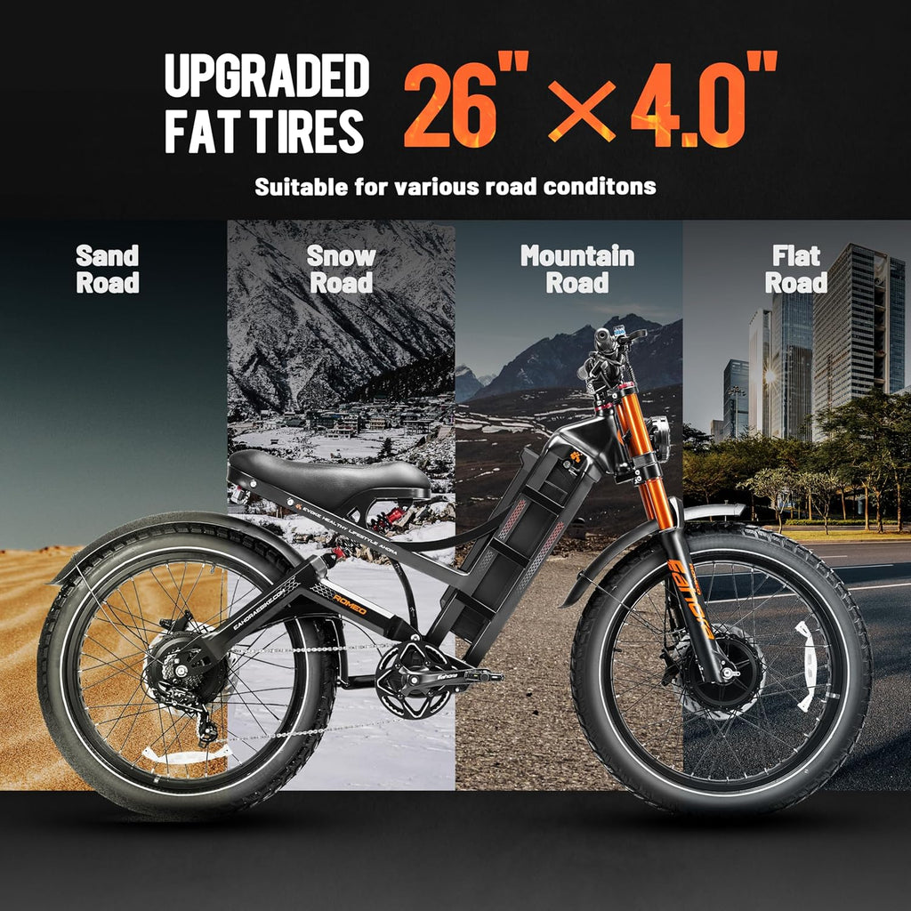 eAhora Romeo Pro 3 Electric Bike - [2026 Latest] 50MPH 5600W Dual Motor 60V 80AH 250Miles Long Range Ebike for Adults, 26' * 4.0 Fat Tire Fast Electric Mountain Bike Full Suspension Off-Road E-Bike