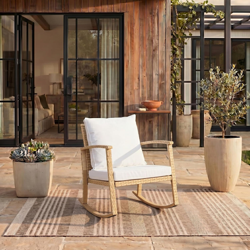 SAFAVIEH Outdoor - Daire Rocking Chair - Natural & White - Steel Frame Faux & Rattan with Cushion - Open-Frame Design - Ideal for Patio, Deck, Porch, Backyard, 14.4' Seat Height (PAT7721D)