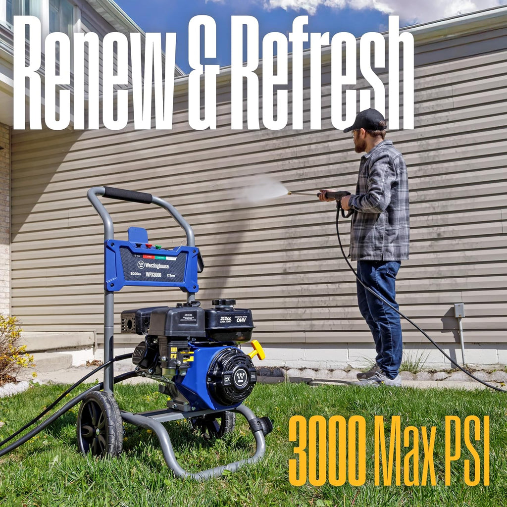 Westinghouse WPX3000 Gas Pressure Washer, 3000 PSI and 2.3 GPM, Spray Gun and Wand, 4 Nozzle Set, for Cars/Fences/Driveways/Homes/Patios/Furniture