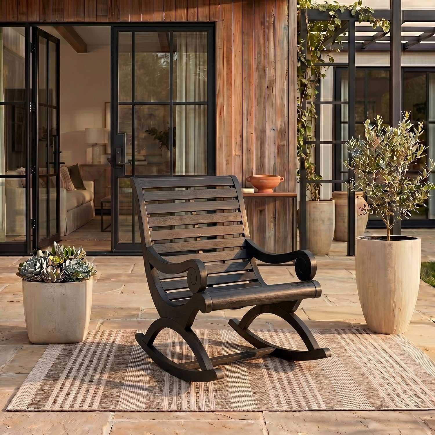 SAFAVIEH Outdoor - Sonora Rocking Chair - Black - Solid Wood - Transitional British Slatted Design - Ideal for Patio, Deck, Porch, Backyard, 17.7' Seat Height (PAT7016D)