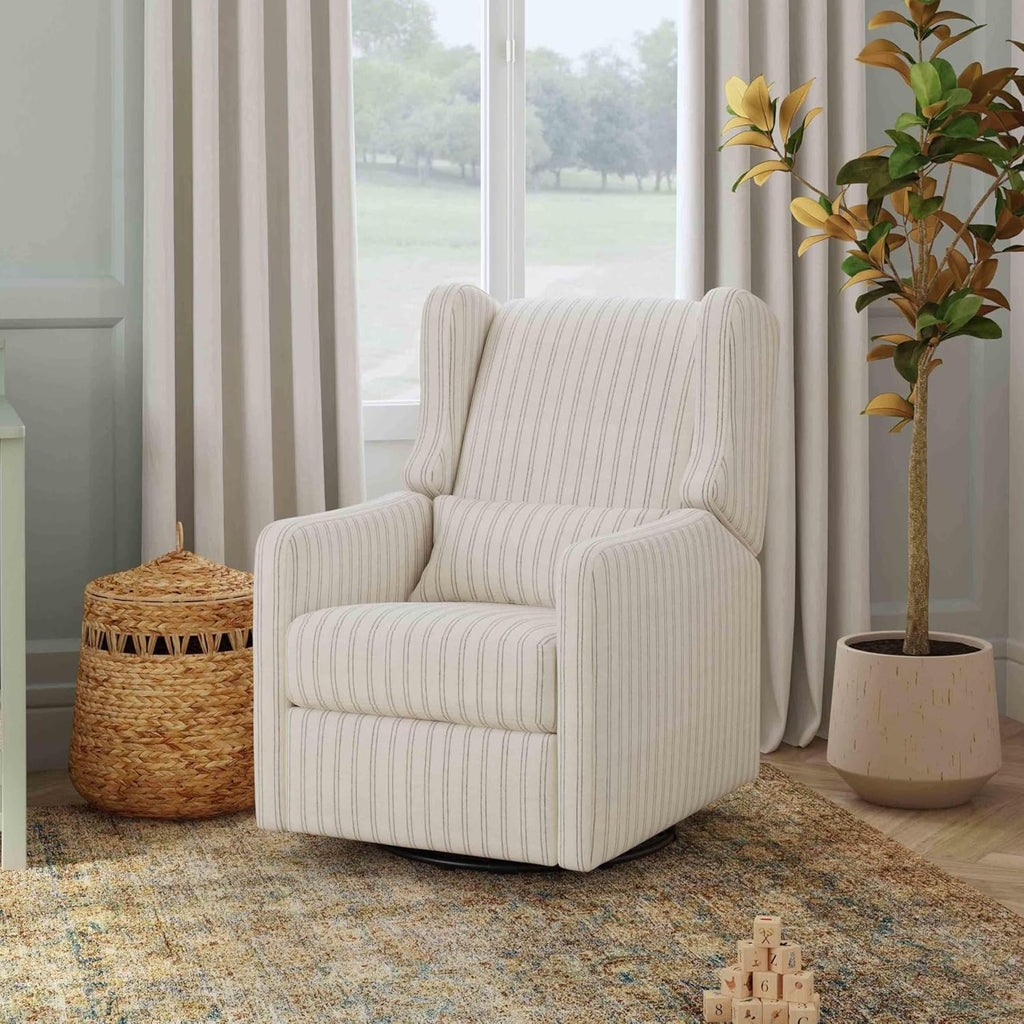 Carter's by Davinci Arlo Recliner and Swivel Glider in Performance Charcoal Double Stripe Linen, Water Repellent, Greenguard Gold & CertiPUR-US Certified Charcoal Double Stripe