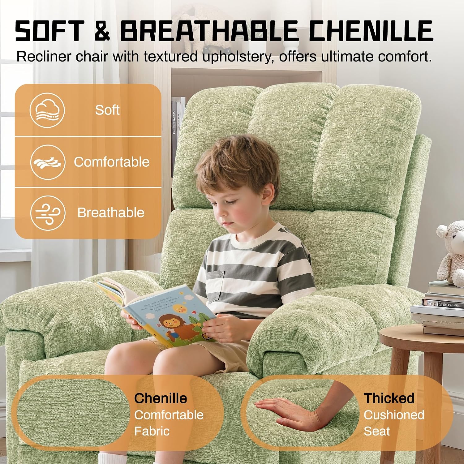 Korser Recliner Chair, Swivel Rocker Recliner Chair for Adults, Small Recliners for Small Spaces, Upholstered Manual Recliner with Side Pockets, Nursery Rocking Chair for Living Room, Chenille, Green