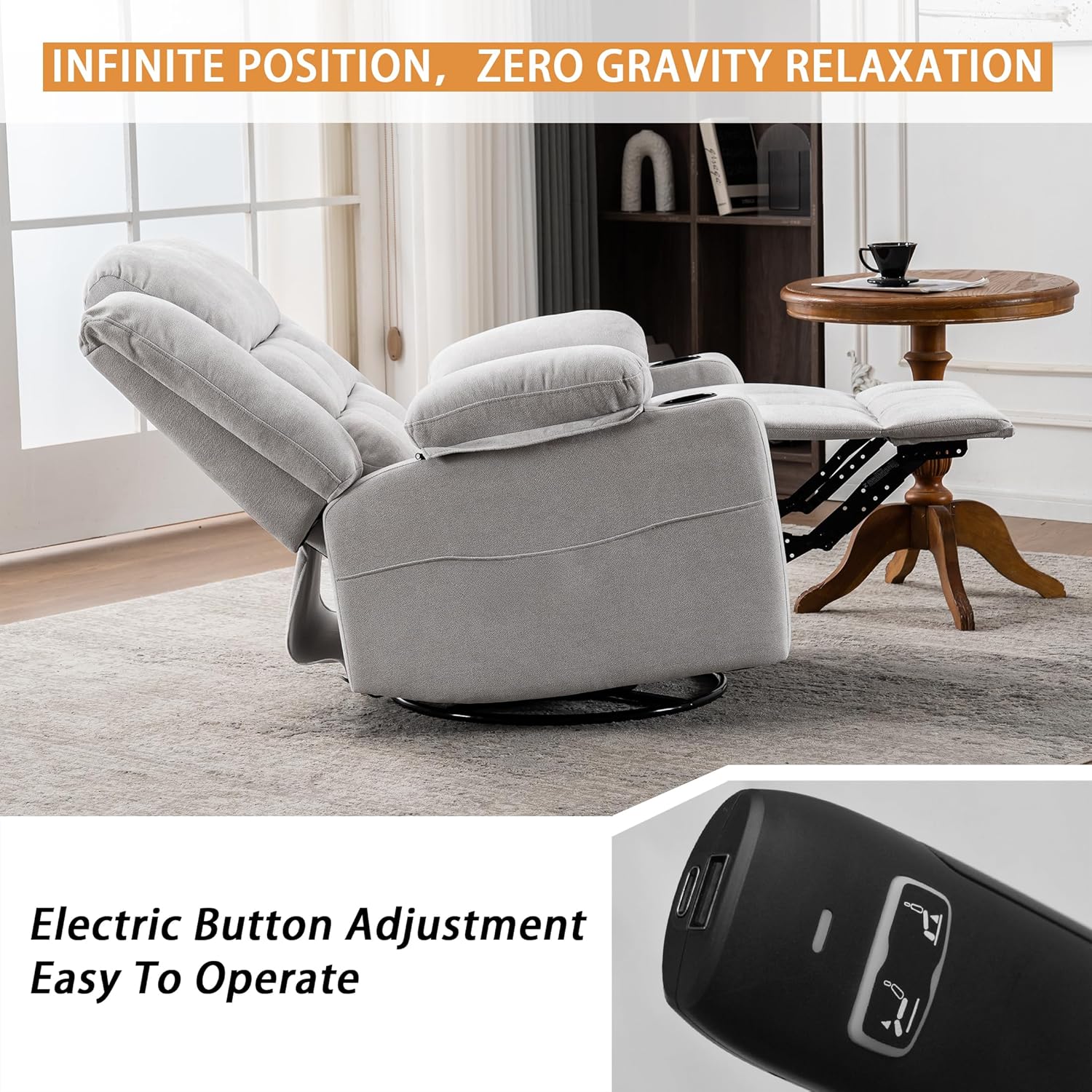 Ketaiyou Power Swivel Rocker Recliner Chair for Adults with Massage and Heat, USB and Type-C Ports, Infinite Position, Electric Glider Reclining Single Sofa Chair for Living Room (Light Grey)