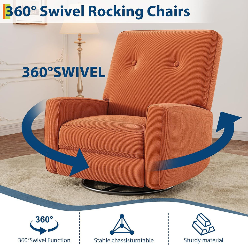 IDEALHOUSE Recliner Chair, 360° Swivel Rocking Glider Chair for Adults with Adjustable Backrest & Footrest, Cozy Corduroy Upholstered Armchair for Living Rooms, Bedrooms, Apartments, Orange
