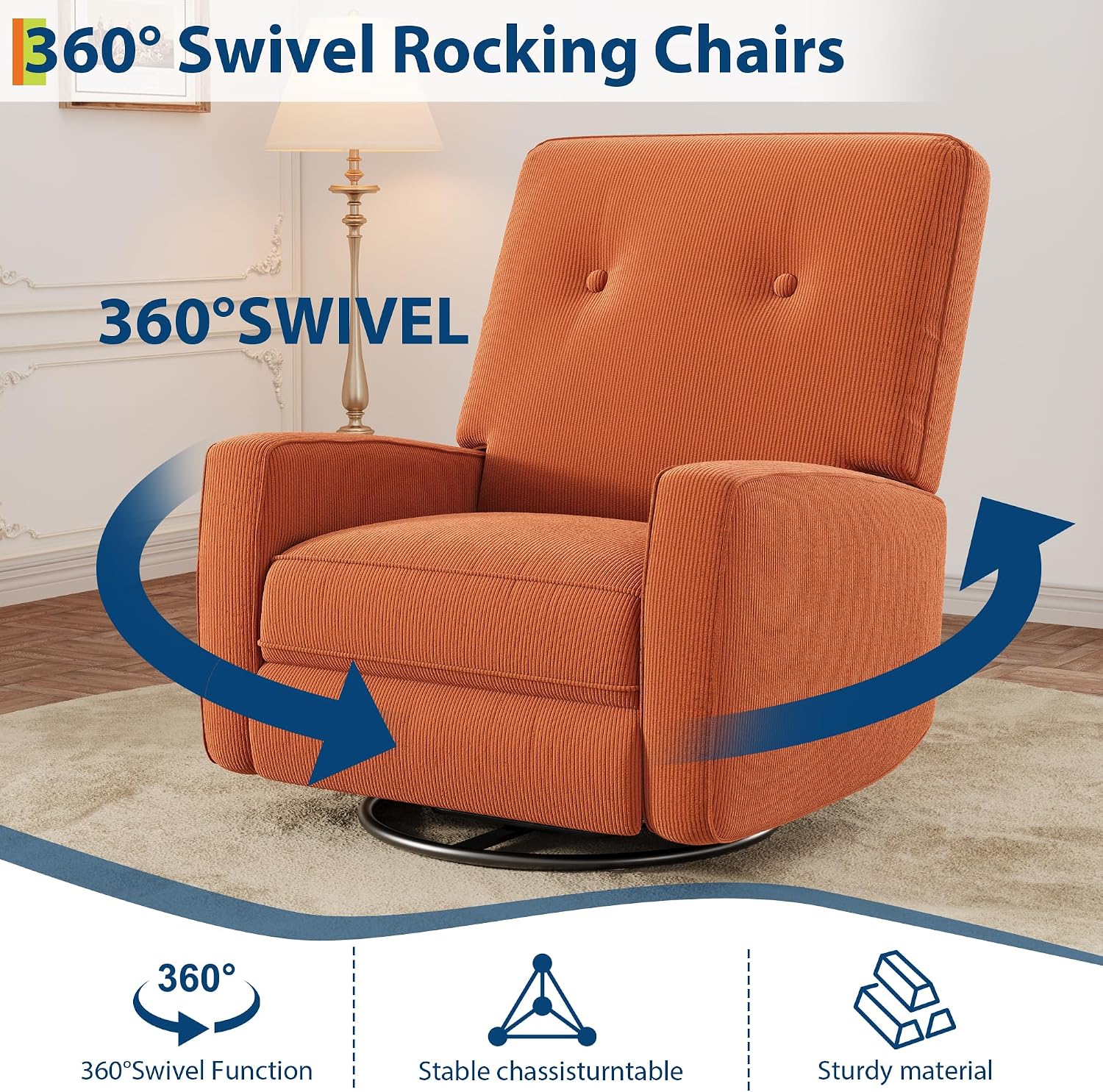 IDEALHOUSE Recliner Chair, 360° Swivel Rocking Glider Chair for Adults with Adjustable Backrest & Footrest, Cozy Corduroy Upholstered Armchair for Living Rooms, Bedrooms, Apartments, Orange