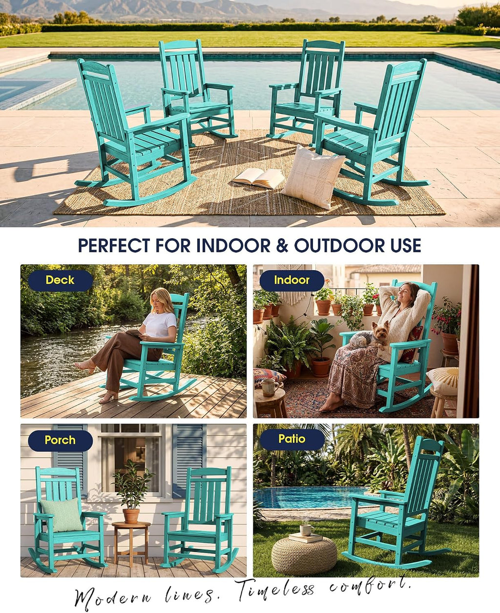 KINGYES Oversized Outdoor Rocking Chair Set of 2, High Density Polyethylene Patio Rocking Chairs with 350lbs Support for Adults, Aruba Blue