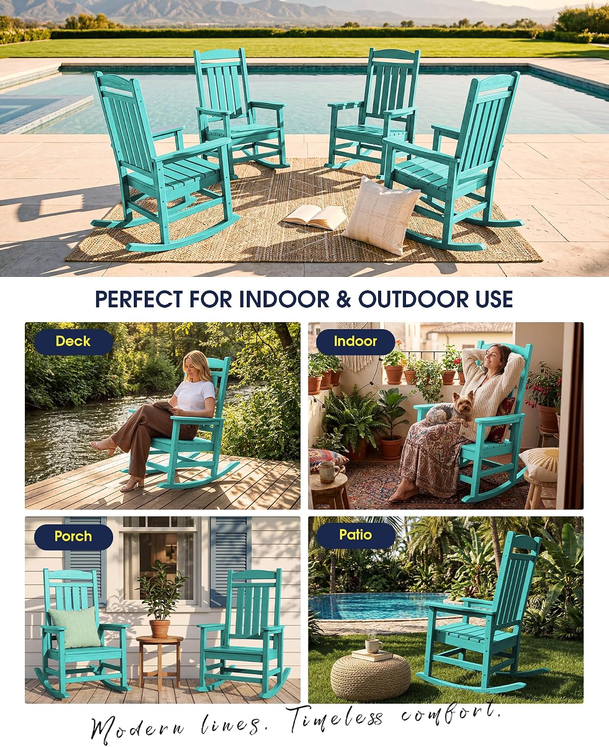 KINGYES Oversized Outdoor Rocking Chair Set of 2, High Density Polyethylene Patio Rocking Chairs with 350lbs Support for Adults, Aruba Blue