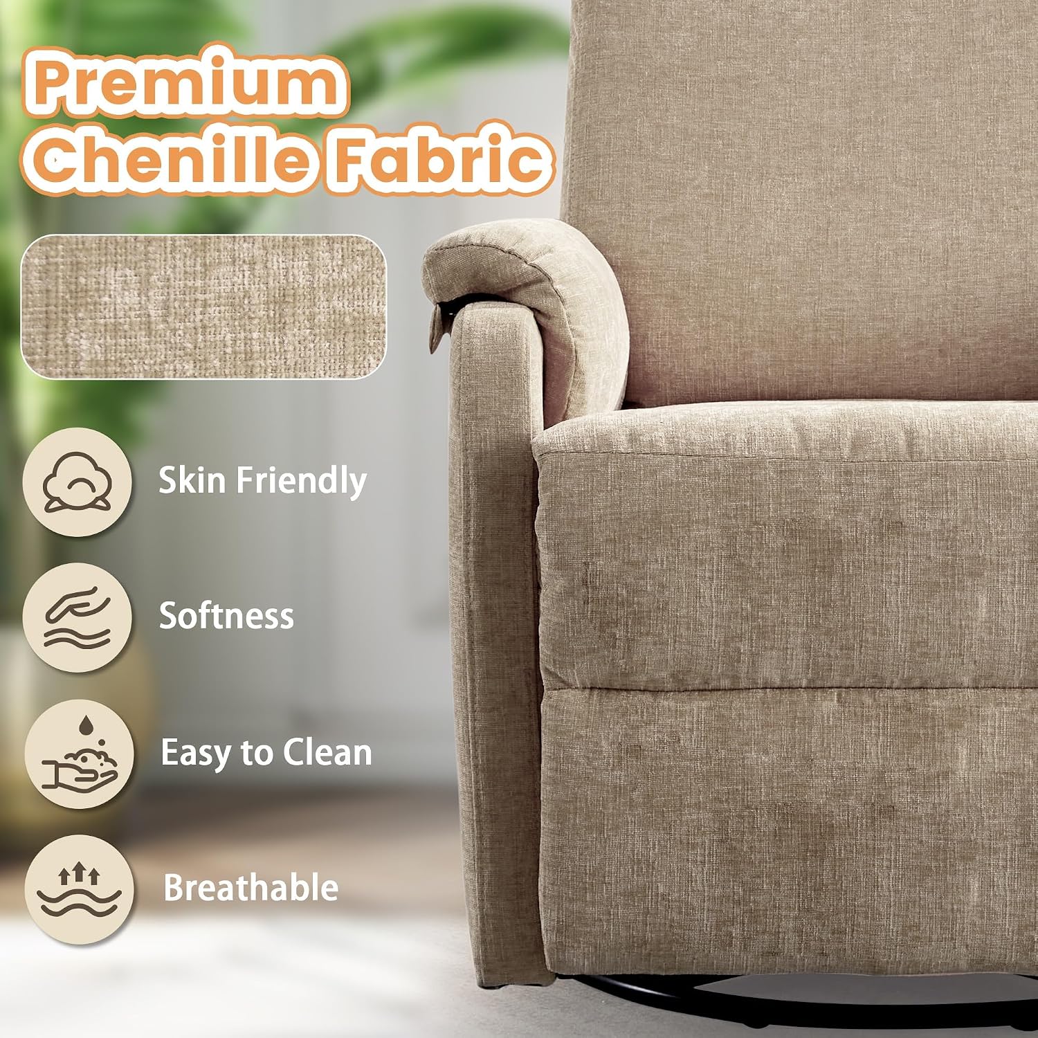 Korser Recliner Chair, Swivel Rocking Recliner Chair for Adults, Glider Rocking Chair, Small Nursery Chair Recliner for Living Room, Reclining Chair with Modern-Designed Armrests, Chenille, Khaki