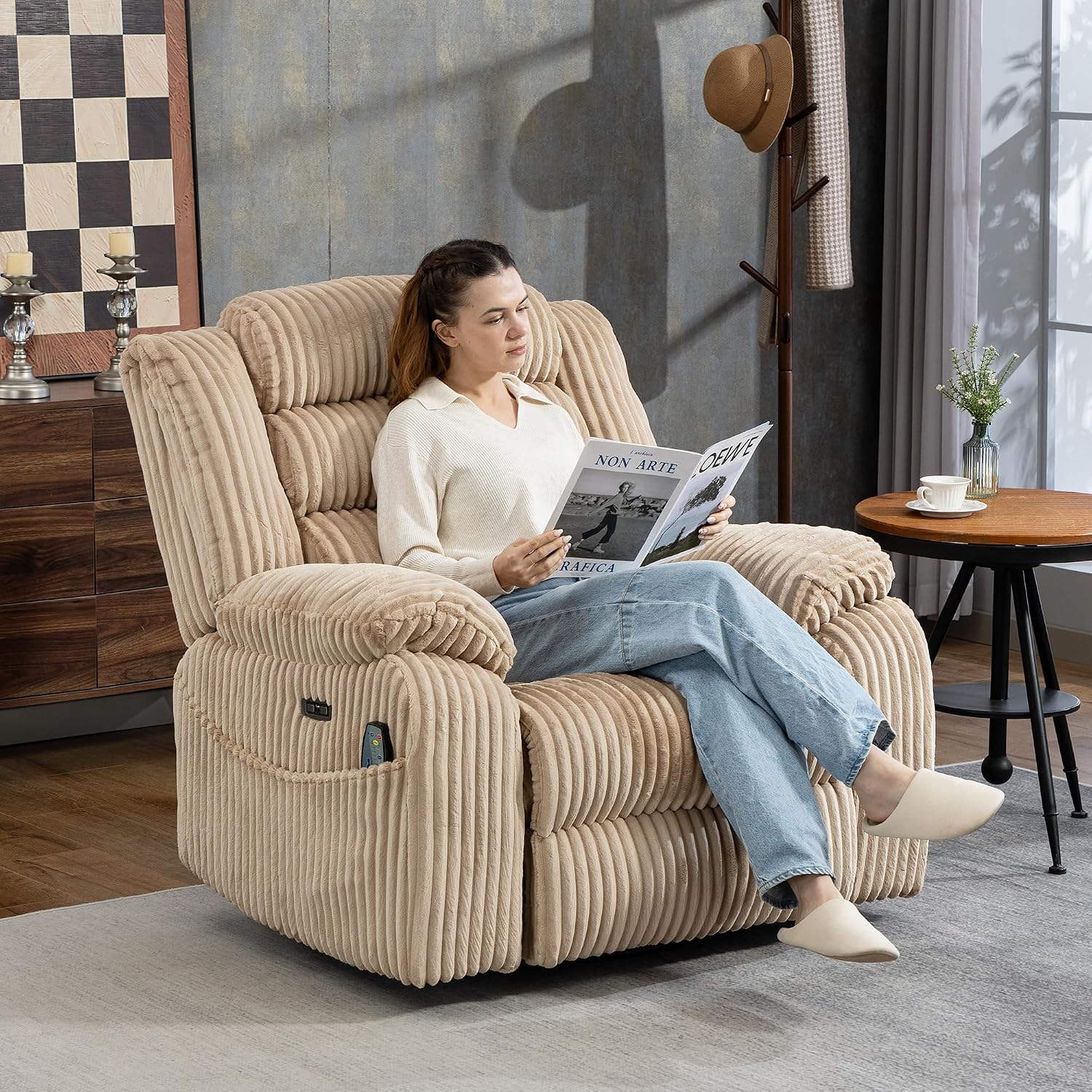 SINCRUMI Power Swivel Rocker Recliner Chair for Adults with Vibration and Heat, USB and Type-C Charging Port, Infinite Position, Electric Glider Rocking Chairs for Living Room, Nursery, Light Camel