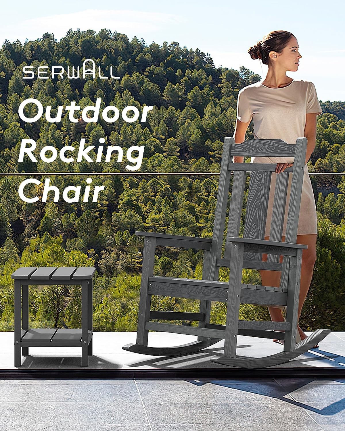 SERWALL Oversized Outdoor Rocking Chair Set of 4, All Weather Patio Rocking Chair, HDPE Poly Rocking Chair for Adults, Heavy Duty Front Porch Rocker,Unique Gray