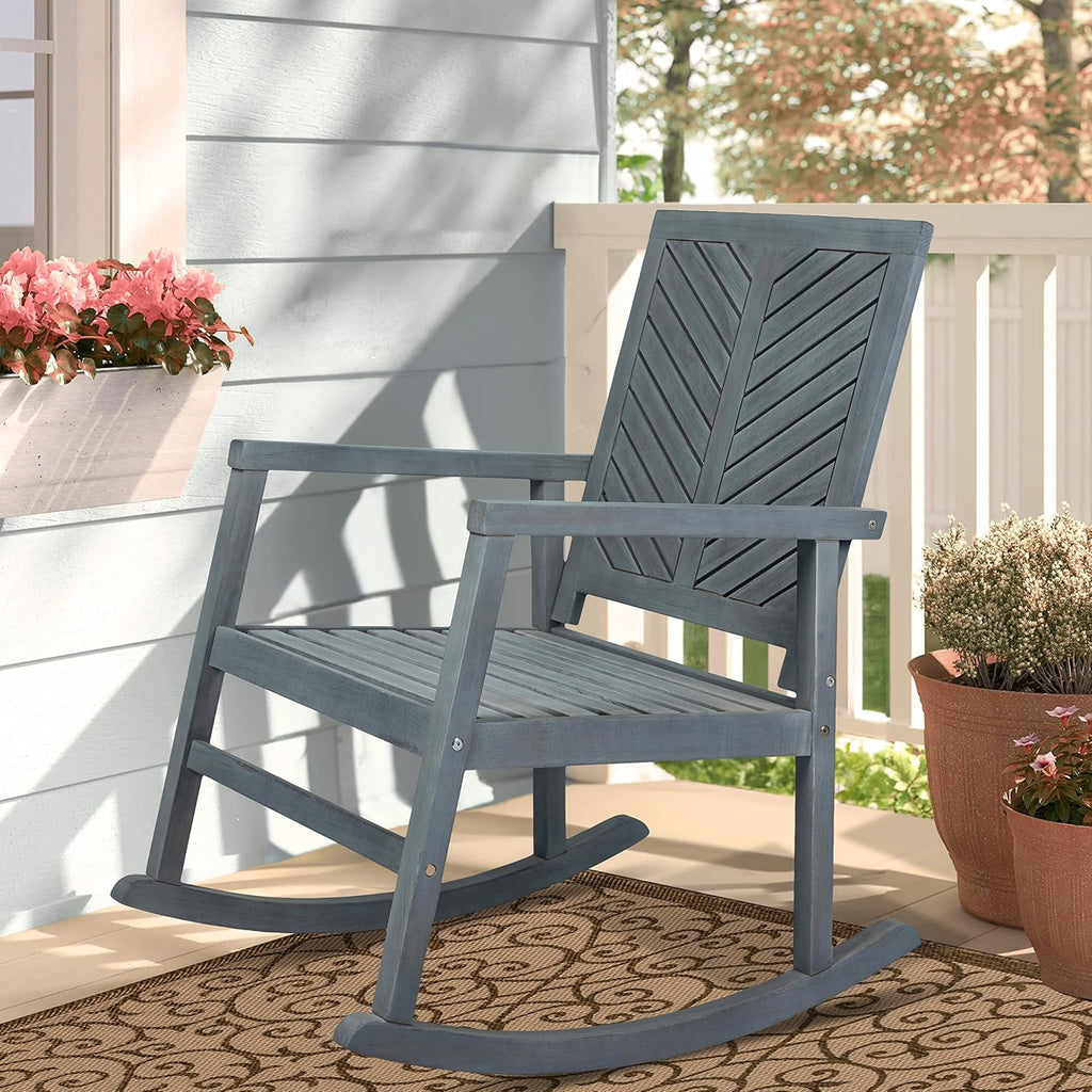 JONATHAN Y RCK100B Ned Modern Chevron-Back 300-Lbs Support Acacia Wood Patio Outdoor Rocking Chair for Garden, Lawn, Backyard, Pool, Deck, Beach, Firepit, Gray