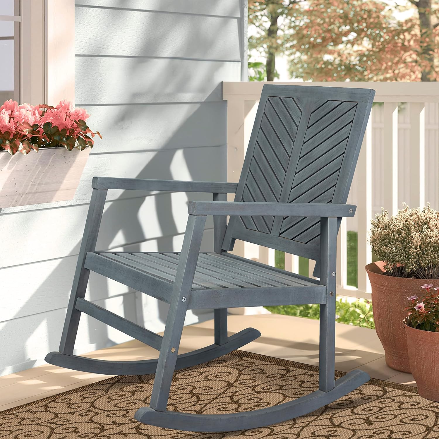JONATHAN Y RCK100B Ned Modern Chevron-Back 300-Lbs Support Acacia Wood Patio Outdoor Rocking Chair for Garden, Lawn, Backyard, Pool, Deck, Beach, Firepit, Gray