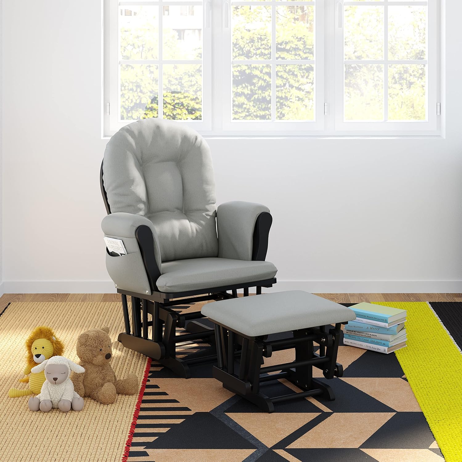 Storkcraft Premium Hoop Glider & Ottoman (Black with Light Gray) — GREENGUARD Gold Certified, Wood Craftsmanship, Convenient Storage Pockets, Smooth-Gliding Chair for Nursery, Multi-Award-Winning