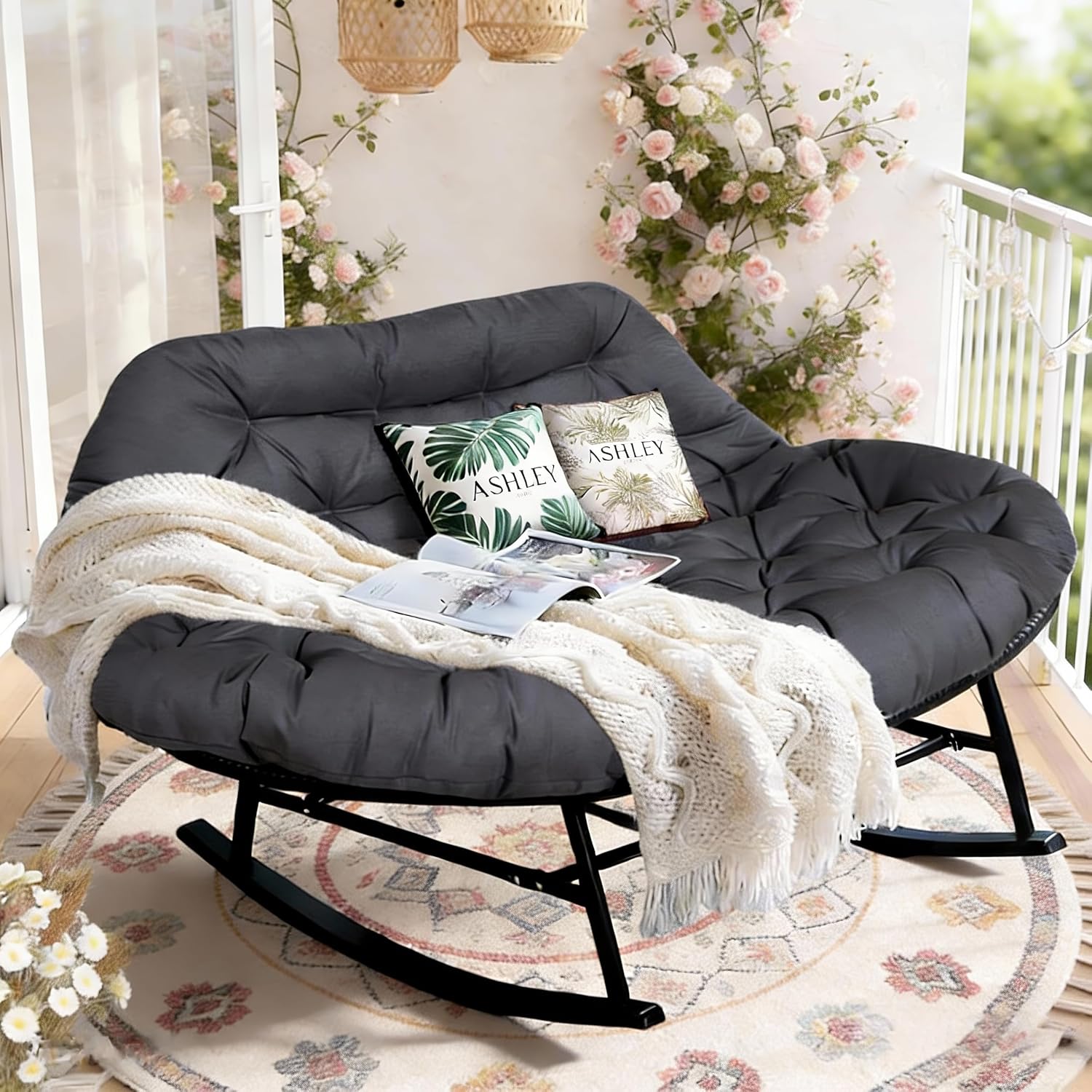 YOXIFOC Double Rocking Chair, Indoor and Outdoor Dual Lounge Chair, with Extra Thick and Large Cushion, Suitable for Living Room/Patio/Garden (Grey)