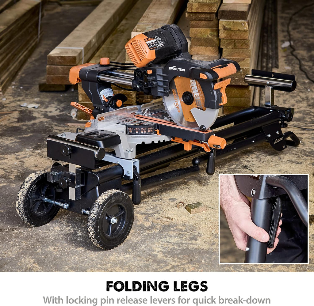 Evolution Power Tools Miter Saw Stand PLUS - Compact Folding Stand with Extendable Arms, Large Wheels, Universal Fittings for Most Brands Evolution, Makita, DeWalt, Bosch, Ryobi, Einhell and Metabo