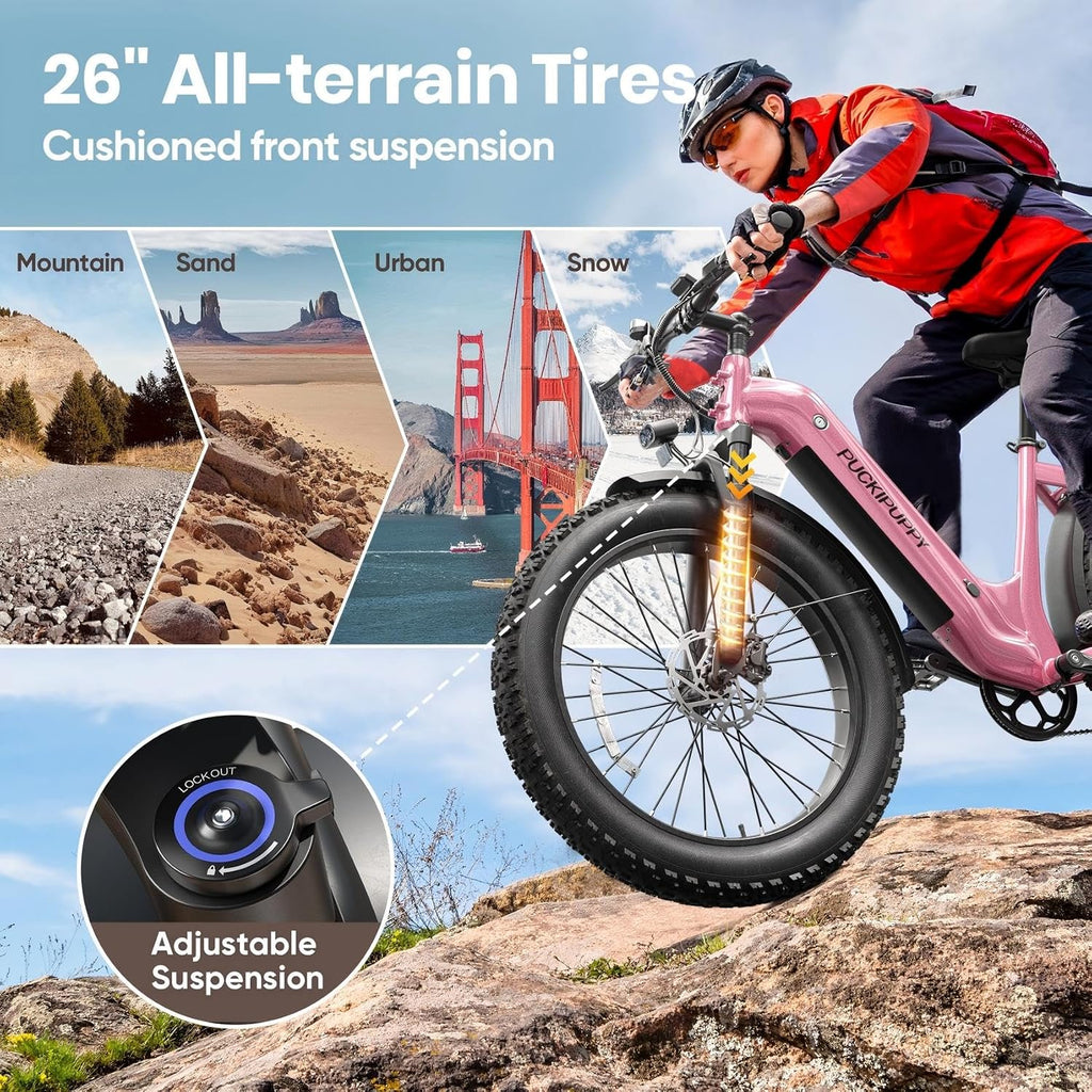 PUCKIPUPPY Electric Bike for Adults 500W, Step-Through Design, 26' Fat Tire Electric Mountain Hunting Bike, 48V 15AH Max 20MPH Off-Road Ebike with Rear Storage Shelf