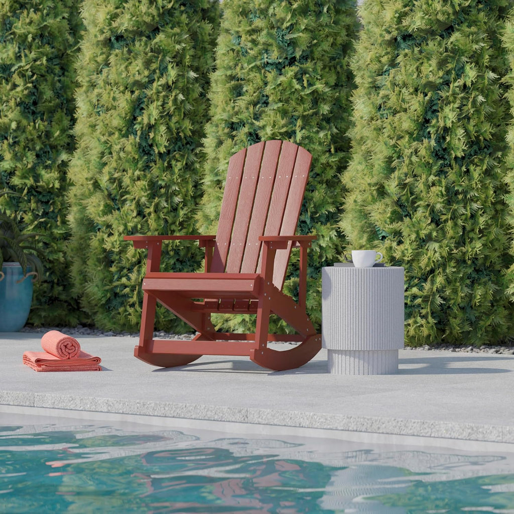 Flash Furniture Savannah Poly Resin Wood Adirondack Rocking Chair - All Weather Red Polystyrene - Stainless Steel Hardware
