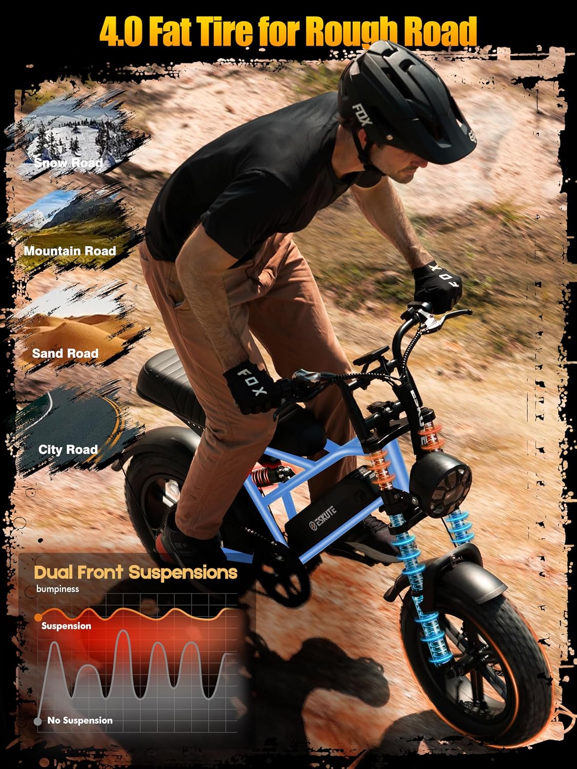 ESKUTE V100 Electric Bike for Adults, Electric Dirt Bike 1500W Peak Motor, All Terrain Dual Suspension E Bike 28MPH Top Speed, Ebike Up to 60 Miles Range, 16' Fat Tire, 48V13Ah Battery, 7-Speed