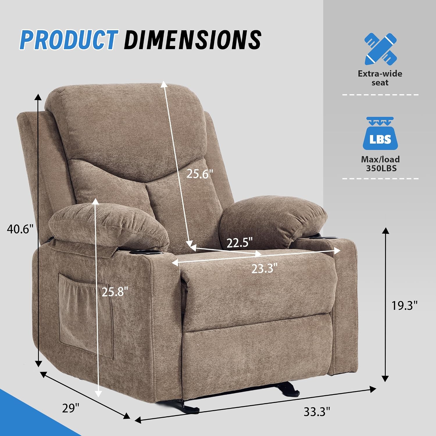 Manual Rocker Recliner Chair for Adults with Vibration Massage,Glider Rocking Recliner for Living Room Bedroom Nursery, Overstuffed Reclining Sofa Chair with Pockets and Cup Holds,Coffee