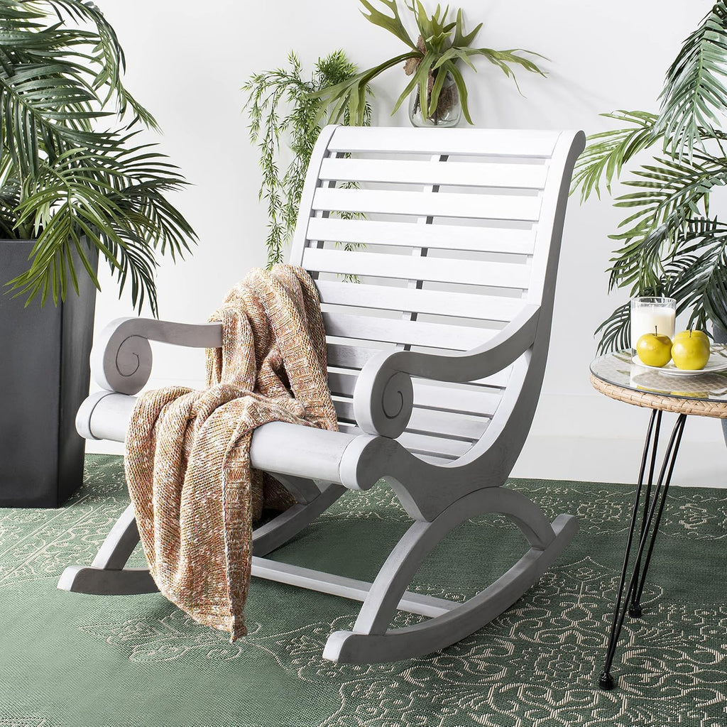 SAFAVIEH Outdoor - Sonora Rocking Chair - Grey - Solid Wood - Transitional British Slatted Design - Ideal for Patio, Deck, Porch, Backyard, 17.7' Seat Height (PAT7016A)