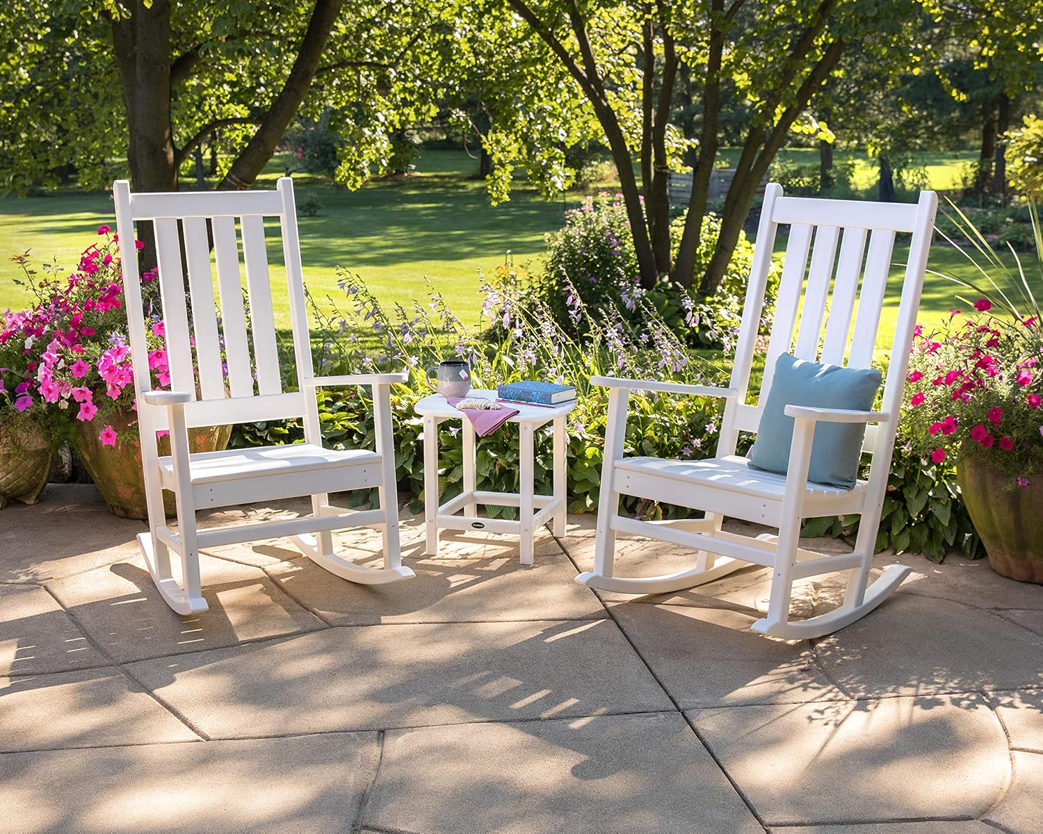 POLYWOOD Vineyard 3-Piece Outdoor Rocking Chair Set with Side Table - Classic Porch Rockers for Patio, Deck & Garden - Fade-Resistant Black HDPE - Traditional American Style Furniture