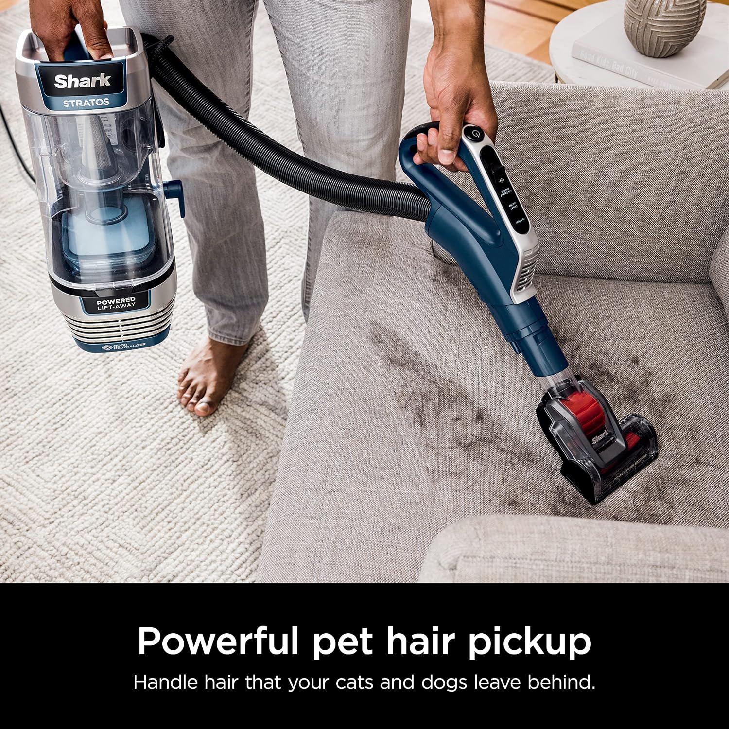Shark AZ3002 Stratos Upright Vacuum with DuoClean PowerFins, HairPro, Powered Lift-Away, Self-Cleaning Brushroll, & Odor Neutralizer Technology, Navy (Renewed)