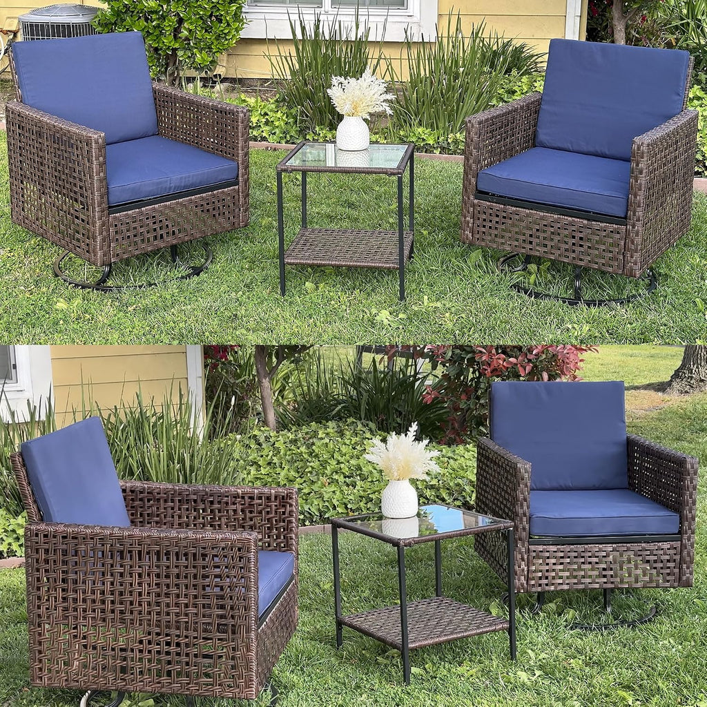 YITAHOME Outdoor Swivel Chair 3 Pieces, Wicker Patio Furniture, Porch Furniture, Swivel Wicker Patio Chairs with Rattan Side Table, Thickened Cushions for Porch, and Yard, Blue